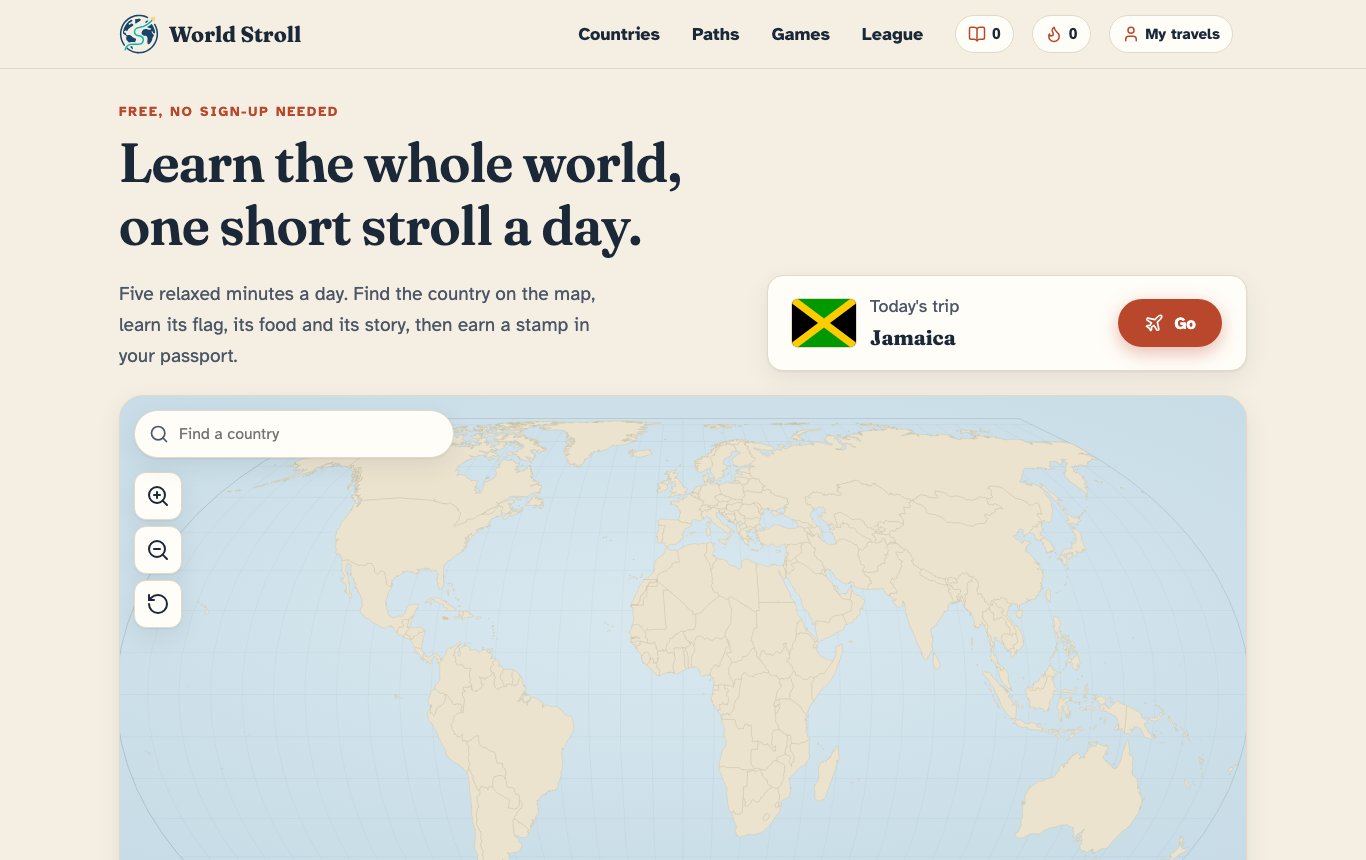The World Stroll home page with the world map and today's trip
